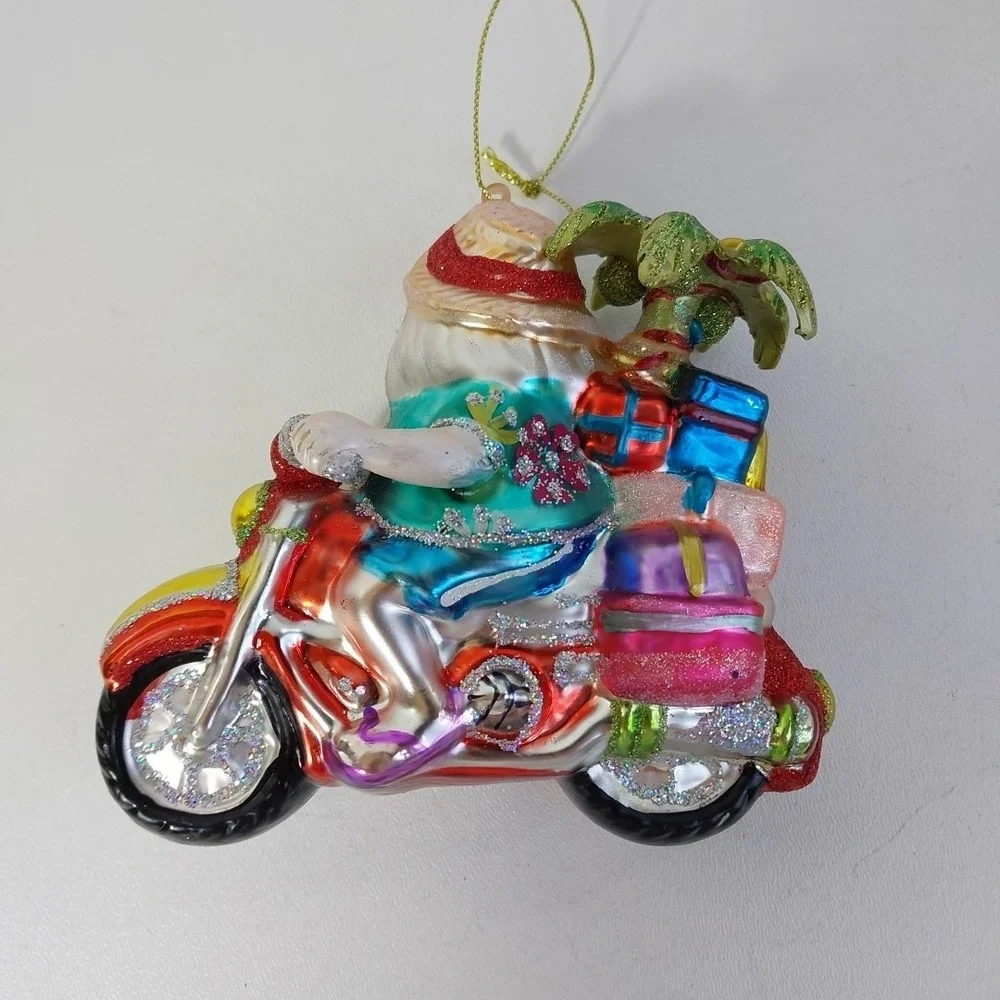 Hawaiian Santa Riding Motorcycle Glass Christmas Ornament w/ Palm‎ Tree